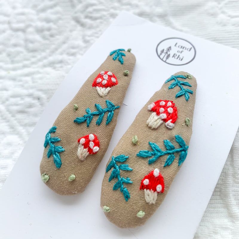 Toadstool Mushroom Hand Embroidery Hair Clips Set of 2