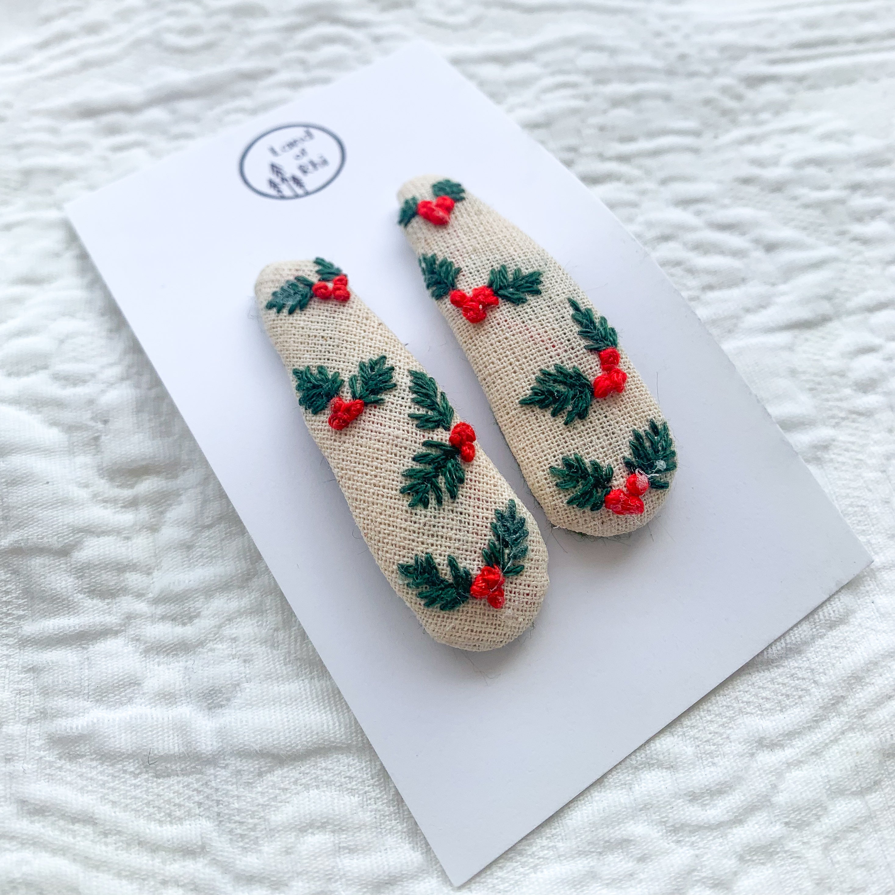 Christmas Holly Hand Embroidery Hair Clips Set of 2