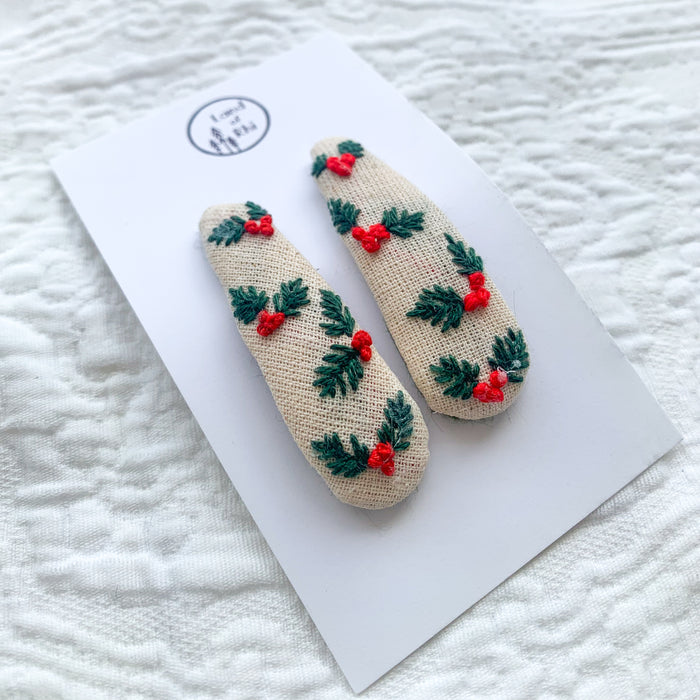 Christmas Holly Hand Embroidery Hair Clips Set of 2