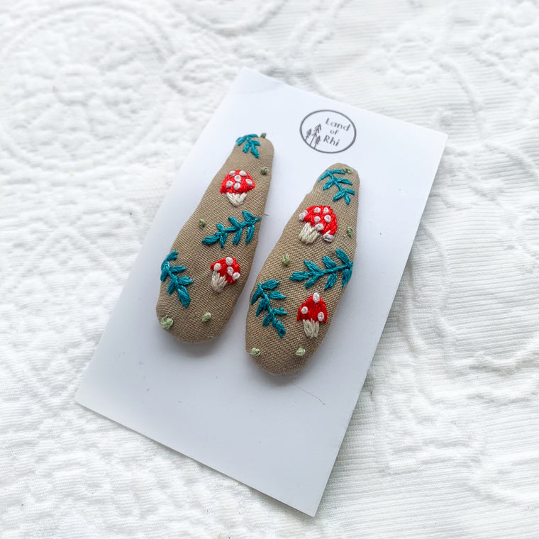 Toadstool Mushroom Hand Embroidery Hair Clips Set of 2