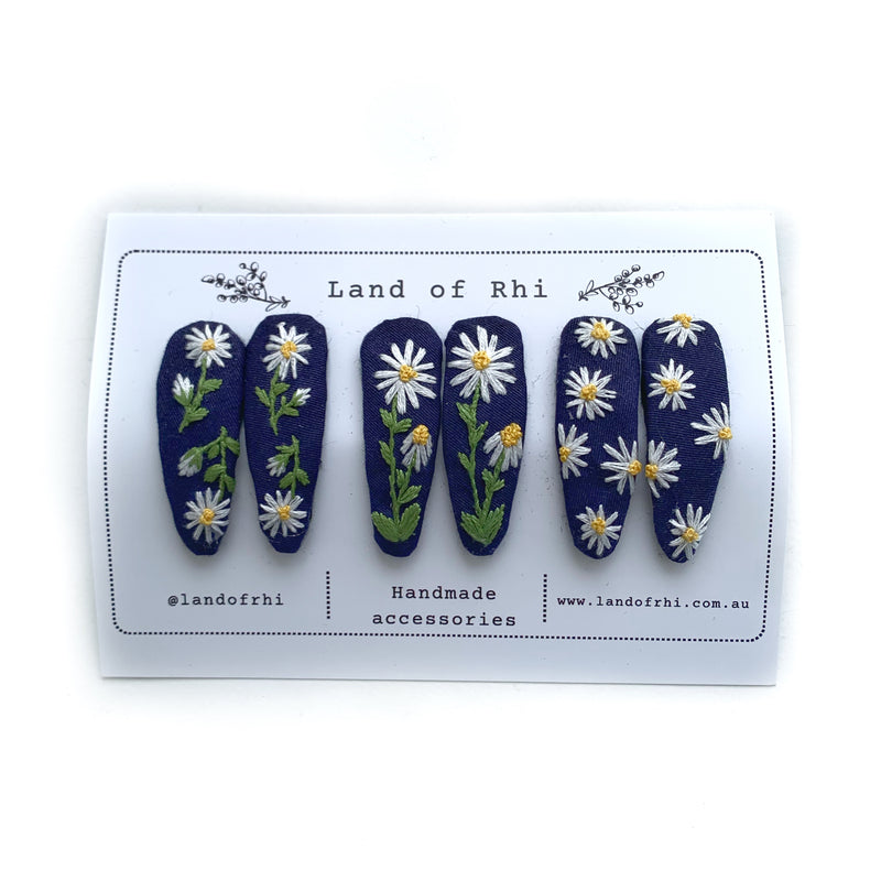 Blue Daisy Embroidery Hair Clips Set of 6