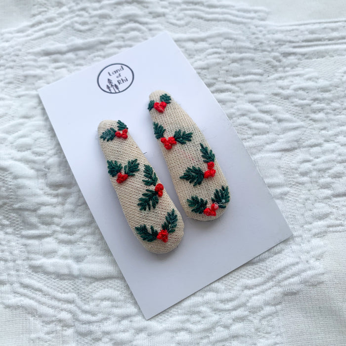 Christmas Holly Hand Embroidery Hair Clips Set of 2