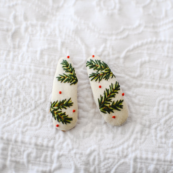 Christmas Holly Hand Embroidery Hair Clips Set of 2